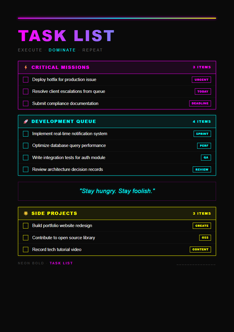 Neon bold to do list with electric glow